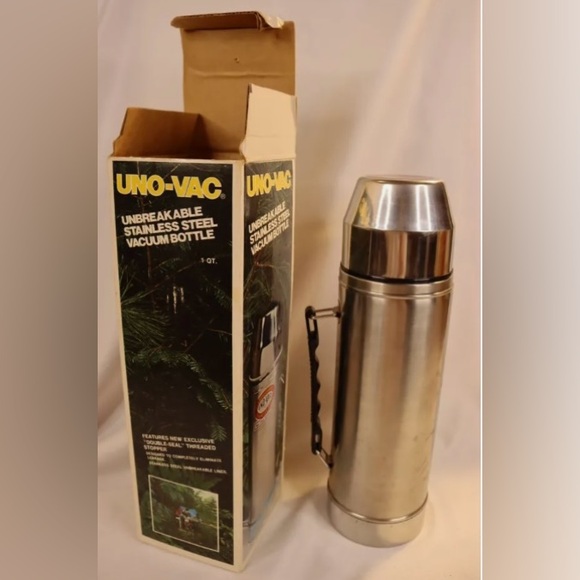 THERMOS VTG Uno-Vac Stainless Steel Vacuum Bottle 1 Qt. WOB UNBREAKABLE CUP TOP - Picture 16 of 16
